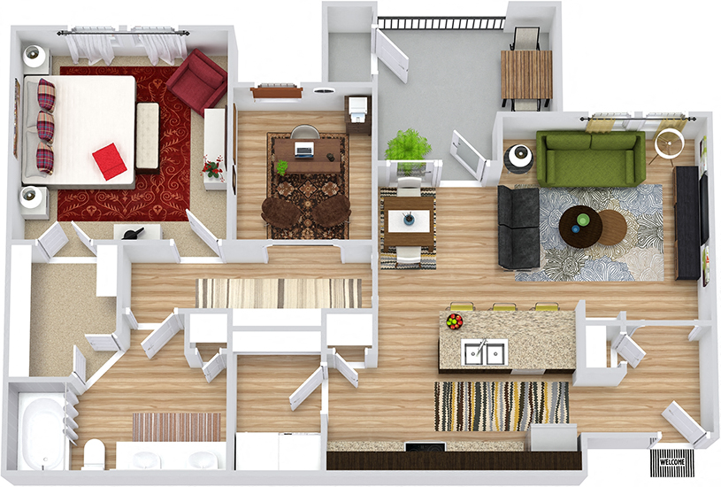 Floor plan for 1 bed, 1 bath, 930 sqft